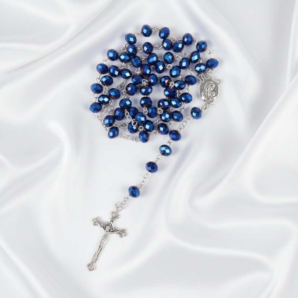 Deep Blue Metallic Crystal Rosary Necklace Jesus Cross Religious Jewelry NWOT - Picture 2 of 8